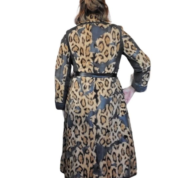 VTG 60s Small Faux Fur Leather Animal Print Leopard Statement Trench Jacket Coat - Picture 5 of 14